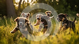 a group of puppies running through a field of tall grass with trees in the backgroup and sunlight shining on the grass behind
