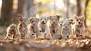 Group of Puppies Running Through Forest