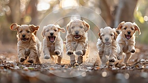 Group of Puppies Running Through Forest