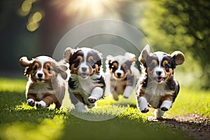 group of puppies running, playing and chasing each other in the park