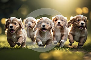 group of puppies running and playing together in park