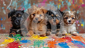 Group of puppies of the Yorkshire Terrier on a colored background. Generative AI