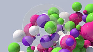 Group of purple, green, pink, white balls flying. Gray background. Abstract illustration, 3d render