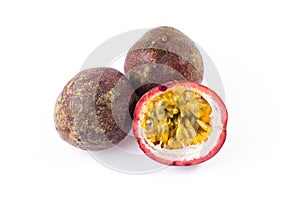 Group of Purple passionfruit and half cut to see its seed