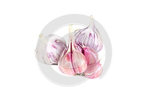 Group of purple raw garlic closeup, three vegetables, food ingredients, isolated on white background