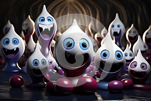 a group of purple and white monsters with eyes and mouths