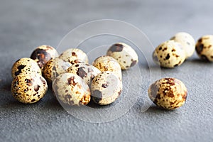 Group of quail eggs on the black background. Textured background with small quail eggs.