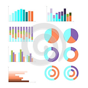 Group of quantitative graphs, flat design business infographic. Colorful vector illustration, chart, diagram, cicle, pie. visual
