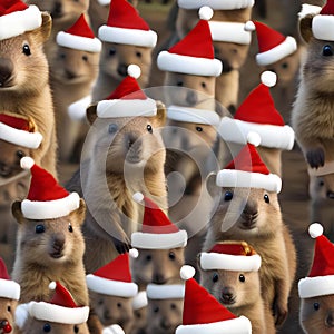 A group of quokkas wearing Santa hats and sharing a festive meal5