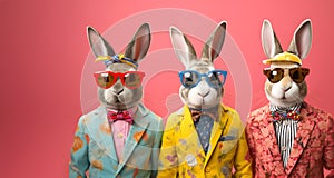 Group of rabbit hare bunny in funky Wacky wild mismatch colourful outfits isolated on bright background advertisement