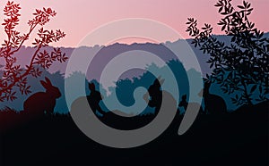 Group of rabbits in the meadow. Natural forest. Wild animals. Mountains horizon hills silhouettes. Sunrise and sunset.