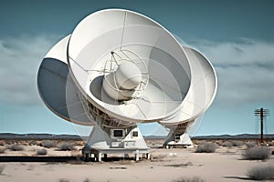 Group of radio telescope satellite dishes. VLA Very Large Array in sandy area. Neural network generated art