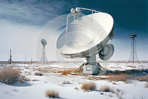 Group of radio telescope satellite dishes. VLA Very Large Array in sandy area. Neural network generated art