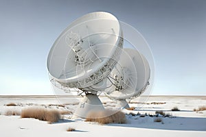 Group of radio telescope satellite dishes. VLA Very Large Array in sandy area. Neural network generated art