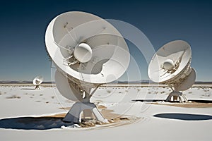 Group of radio telescope satellite dishes. VLA Very Large Array in sandy area. Neural network generated art