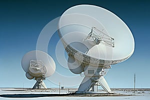 Group of radio telescope satellite dishes. VLA Very Large Array in sandy area. Neural network generated art