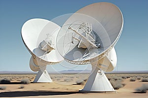 Group of radio telescope satellite dishes. VLA Very Large Array in sandy area. Neural network generated art