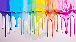 A group of rainbow paint dripping down a white wall