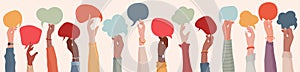 Group Raised arms of diversity multi-ethnic multicultural people holding speech bubble in hand. Diverse people talking chatting an