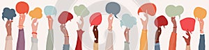 Group Raised arms of diversity multi-ethnic multicultural women holding speech bubble in hand. Diverse women talking  chatting