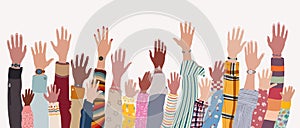 Group of raised hands and arms of multicultural men women and children.Community of people of diverse culture.Diversity people