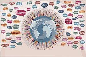 hands of people in a circle of the earth with bubbles with text Thank you in various languages