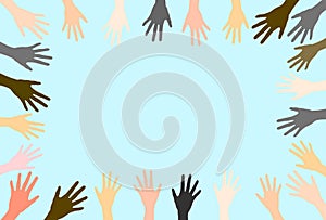 Group raised human arms and hands.Diversity multiethnic people. Racial equality. Men and women of different culture and countries