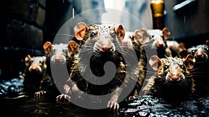 A group of rats are standing in a puddle with water running down their backs, AI