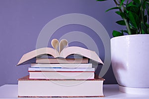 Group of reading books forming a tower and the top one open in the middle where two of its leaves form a heart. The background is