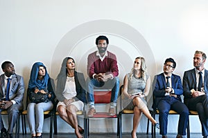 Group, recruitment and people waiting for job interview, diversity and hiring opportunity in business. Portrait, worker