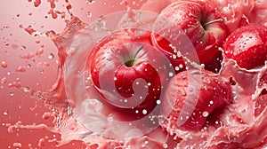 A group of red apples are being splashed with water, AI
