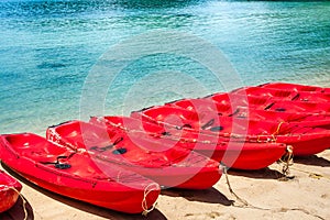 Group of red canoe on the beach.