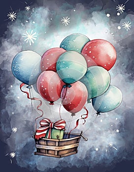 A group of red, green and blue balloons lifting a basket with a christmas gift