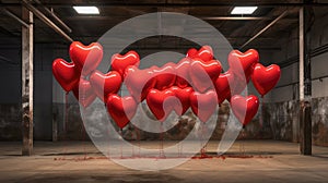 Group of red heart balloons in empty abandoned factory