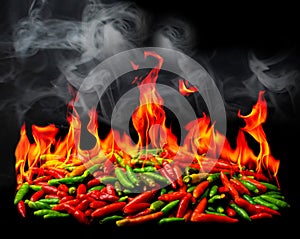 Group of Red Hot chili pepper on fire and smoke