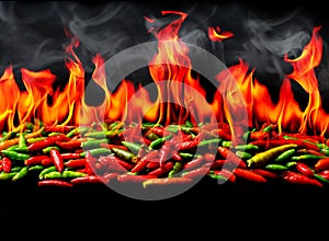 Group of Red Hot chili pepper on fire and smoke