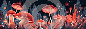 A group of red mushrooms sitting on top of a lush green field. Generative AI image.