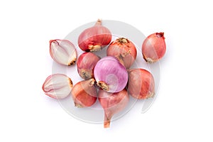 Group red onion with slice isolated on white background.