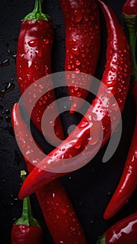 a group of red peppers with water droplets on them on a black surface with drops of water on the caps of the chilis and the