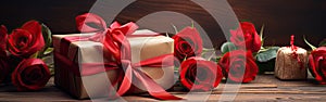 Group of Red Roses Next to Wrapped Present