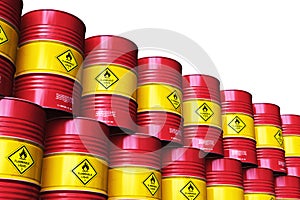 Group of red stacked oil drums isolated on white background