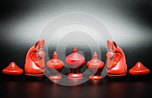 Group of Red Thai chess piece on Black background with selective focus