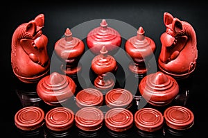 Group of Red Thai chess piece with black background and selective focus