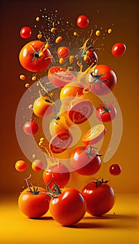 Group of Red Tomatoes Vegetable Creatively Falling-Dripping Flying or Splashing on Yellow Background AI Generative