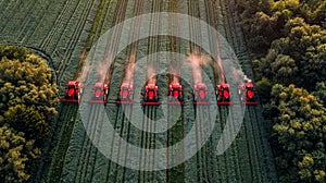 Group of Red Tractors Driving Through Green Field