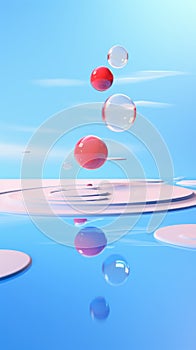 A group of red and white balls floating on top of a body of water, surreal glass sculpture.