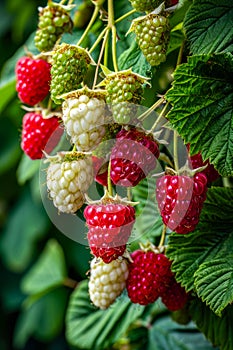 Group of red and white raspberries growing on tree. Generative AI