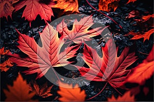 a group of red and yellow leaves laying on the ground in the fall season, with a black background and a black border aro