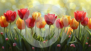 Group of Red and Yellow Tulips With Green Leaves