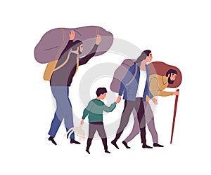 Group of refugee people carrying huge bags with things vector flat illustration. Man, woman and child illegal migrants photo